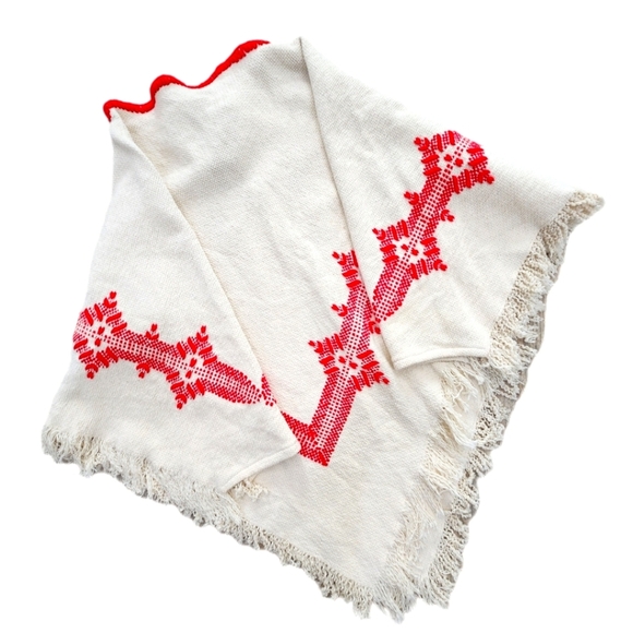 VINTAGE 70'S HAND WOVEN HAND KNIT PONCHO/Shrug, RED/CREAM, Women's Medium - Picture 5 of 7